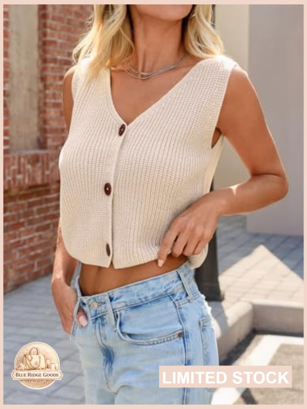 Crop Knit Vest V Neck Button Down Y2K Sleeveless Chunky Sweater Tank Top - Picture 3 of 7